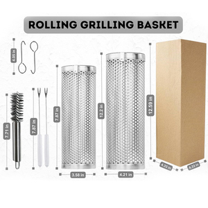 BBQ <b>Rolling</b> Grill Basket Clamshell Version <b>Rolling</b> Grill Cage Stainless Steel BBQ Grill Basket with Bracket and Fork - Product Image 3