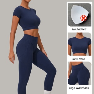 Completo Yoga <span class=keywords><strong>da</strong></span> Donna 2 Pezzi: Top a Maniche Corte con Collo Tondo e <span class=keywords><strong>Leggings</strong></span> a Vita Alta Modellanti Senza Imbottitura - Product Image 2