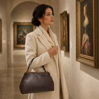 Sac à main vintage élégant en cuir véritable avec fermoir Kiss Lock, poignée supérieure, cadre rétro, fermoir en laiton antique, étanche, capacité 2L