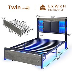 Twin <strong>Bed</strong> <strong>Frames</strong> LED Charging Station Upholstered Storage Headboard <strong>Platform</strong> <strong>Bed</strong> <strong>Frame</strong> Drawer No Box Spring Needed Easy Assembly - Product Image 3
