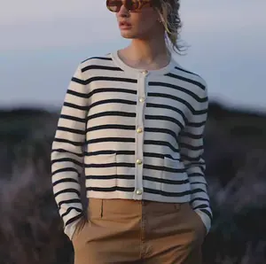 고품질 사용자 정의 100% 면 여성 니트웨어 검정과 흰색 스트라이프 레이디 재킷 카디건 스웨터