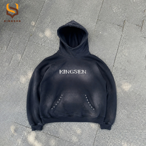 Heavyweight French Terry Distressed Hoodie Custom Acid Wash Rhinestone Rivets Pullover Streetwear Vintage Men Hoodies - Product Image 1