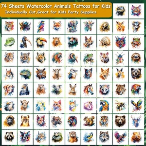 CHARLENT <span class=keywords><strong>Aquarelle</strong></span> écologique Safari Animal Tatouages temporaires pour les fêtes d'enfants-74 feuilles Application corporelle Durable 3-5 semaines - Product Image 2