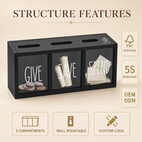 Boîte à monnaie en bois avec logo personnalisé, 3 sections, pour économiser, offrir et dépenser, avec fenêtres transparentes, cadeau pour enfants
