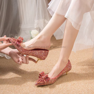 Summer Fashion Trend High Quality Large Size <b>Red</b> Chinese Wedding Single Shoe for Women New Sequin Design Thin <b>Heel</b> Pointed - Product Image 1