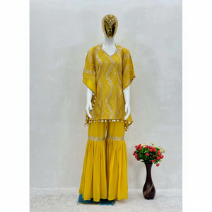 Conjuntos de mujer elegantes Ropa de fiesta Kaftan y Sharara con trabajo de secuencia de bordado elegante - Product Image 1