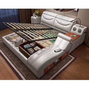 Lit Intelligent Multifonctionnel <span class=keywords><strong>de</strong></span> Luxe King-Size en Cuir avec Projecteur HD USB, Mobilier <span class=keywords><strong>de</strong></span> Chambre Neuf Incluant Rangement - Product Image 5