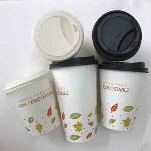 Copo de papel de café revestido biodegradável, 8oz/12oz/16oz com tampa pla