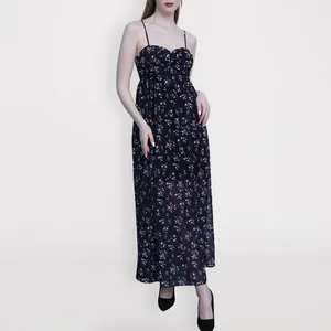 Nouveautés été dames femmes longues midi western robes décontracté noir élégant élastique dos en mousseline de soie modeste maxi robe de glissement