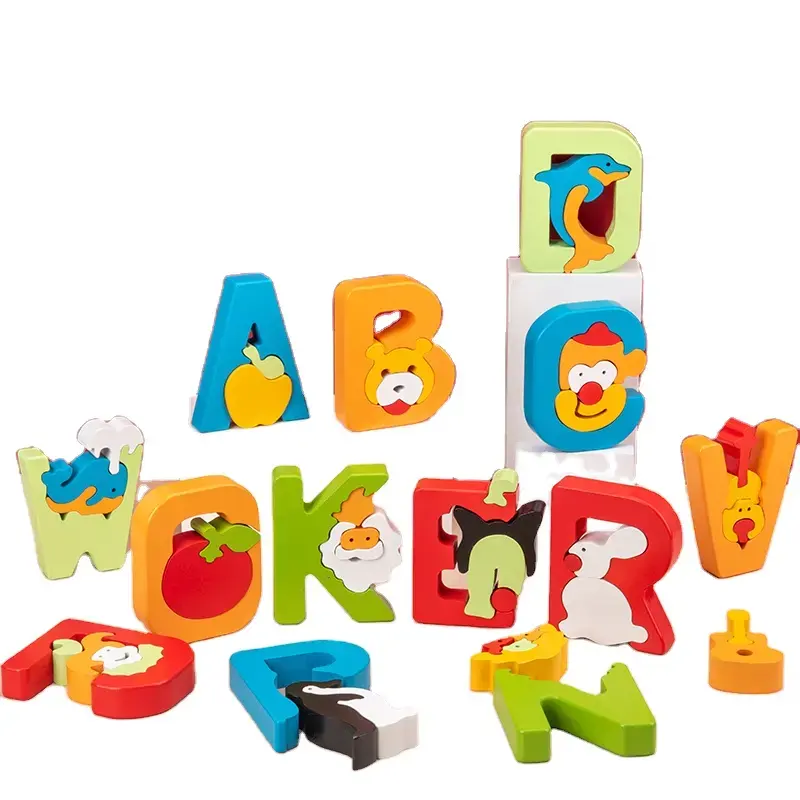 Juguetes para niños 26 letras en inglés/alfabeto bloques de construcción bloques de madera DIY rompecabezas forma colorida a juego niños regalo educativo