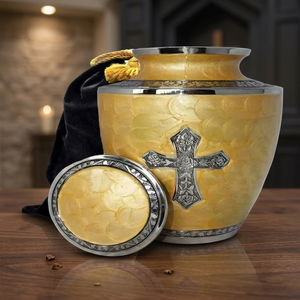 Brass Cremation Urn <b>Keepsake</b> Casket Round Memorial <b>Ashes</b> Container with Silver Cross Decorative Funeral Use - Indian Home Crafts - Product Image 2