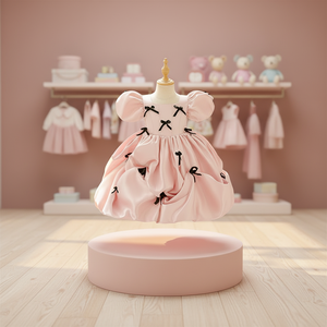 Abito da Principessa per Bambina con Maniche a Sbuffo e Applicazioni di Fiocchi, Scollo Quadrato, Vestito Rosa con Fiori - Vendita all'Ingrosso dalla Fabbrica Meiqiai - Product Image 2