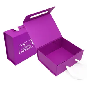 Kotak hadiah kertas ungu tutup magnetis kardus kotak keras mewah kustom dengan pegangan kemasan kotak keras kaku dapat dilipat