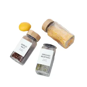 Empty wholesale 4oz 120ml Food Grade Clear Square Spice Salt Herb Seasoning Glass Container Bottle jar with bamboo lid