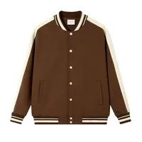 Blouson Bomber Varsity Crème Marine, Manches Contrastantes à Rayures et Bordures Côtelées, Fermeture à Boutons Pression, Poches Plissées, Épaules Tombantes Décontractées