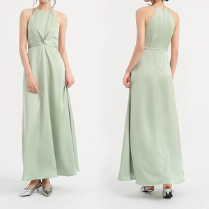 Gaun malam putri duyung Mint elegan gaun pesta panjang Formal Wanita kereta kecil leher Halter Satin pengiring pengantin wanita - Product Image 4