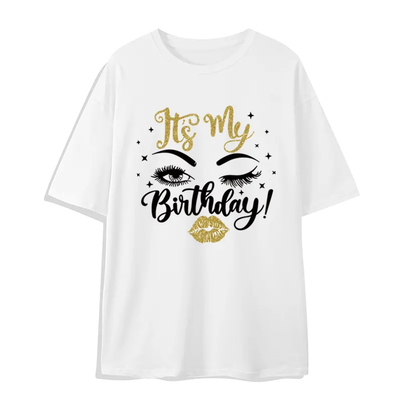 Kaus Gambar huruf emas feminin cantik baru 2024 kaus bahu Juntai ukuran besar t-shirt wanita olahraga terbaik