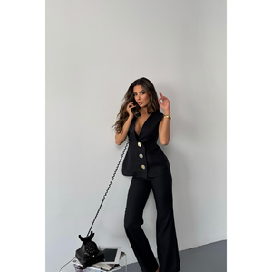 Ensemble gilet et pantalon en lin pour femme, boutons dorés, noir, coupe ajustée, hauts courts et longs, motif uni, pour l'hiver et l'automne - Product Image 5