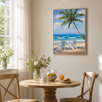 Peinture à l'huile sur toile de coucher de soleil sur la plage tropicale avec palmiers, art mural décoratif moderne de grande taille, fait main, original, pour la maison