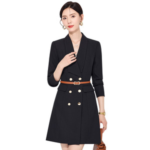 Black Suit Dress Women Long Sleeve Notched Collar Double Button Sheath Career Wear Solid Color Polyester Dress - Product Image 5