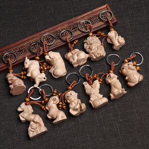 Peach Wood Zodiac Animal Keychains 3D Carved Portable Ornament Gift For Colleagues Friends Classmates - Product Image 1