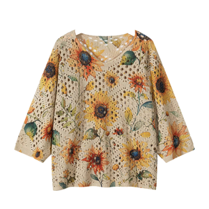 <span class=keywords><strong>Pull</strong></span> long en maille pour <span class=keywords><strong>femme</strong></span>, imprimé tournesol vintage, hiver 2026, col en V, coupe oversize, maille pointelle, 100 % polyester, motif floral numérique - Product Image 4
