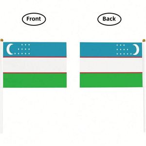 Uzbekistan <b>Flag</b> 14x21CM Digital Printing Polyester Flying Country Stick Uzbek Hand Waving <b>Flags</b> With Plastic Flagpole - Product Image 3
