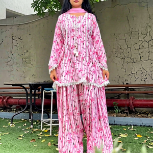 Pink Floral Striped Digital Print Cotton <b>Kurta</b> Pant Set <b>Women</b> Loose Fit Casual Summer Wear India Pakistan Style Ankle Length - Product Image 1