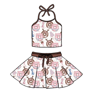 Milk Silk Printed Girls Halter <b>Top</b> & Skirt Set, <b>Kids</b> Tie Halter <b>Crop</b> <b>Top</b> Twirl Skirt Outfit, Custom Allover Print Clothing - Product Image 2