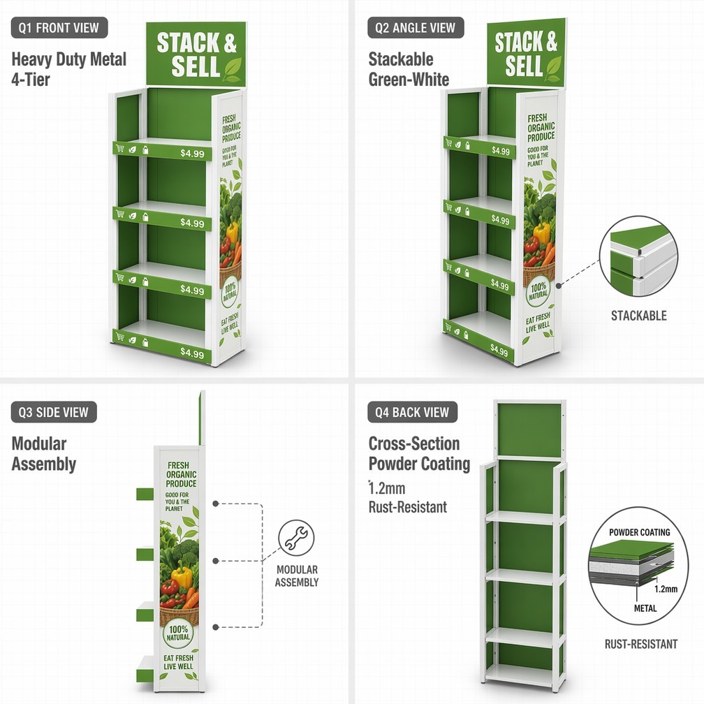 Apache Custom Grocery Display Rack 4-Way 4-Tier Metal Food Merchandiser Knock Down Stackable Stand for Supermarket ODM OEM — view 3