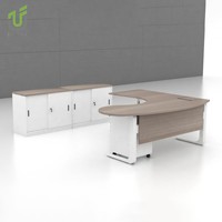 Bureau de direction modulaire en forme de T avec rangement intégré, armoire credenza et plateau de table en D arrondi, écologique