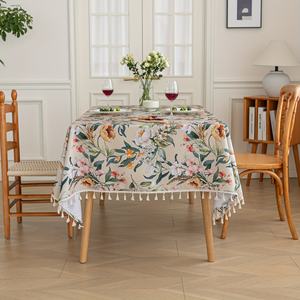 Mantel Elegante de Estilo Bohemio, Color Beige Floral, 100% Poliéster, con Borlas, Técnica de Tejido, Impermeable, Lavable, Duradero, para Uso Diario - Product Image 4