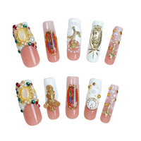 Faux Ongles de Luxe Réutilisables en Acrylique de Haute Qualité, Faits Main, Longs, Couverture Complète, Motif Croix d'Ange 3D, Vente en Gros