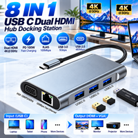 8 in 1 USB C Hub Dual HDMI Docking Station 4K Type C Multiport Adapter untuk Monitor Ganda Laptop Komputer