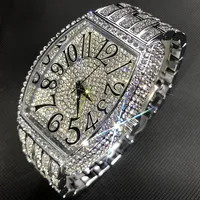 Missfox Ice Out hommes montres populaire Tonneau plein diamant argent genève mâle montre Hip Hop Original étanche relogio masculino