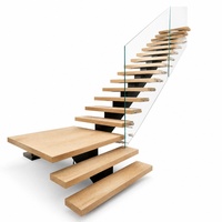 Escalier flottant moderne sur mesure en acier à poutre unique pour intérieur, marches en bois massif, balustrade en verre ultra-transparent