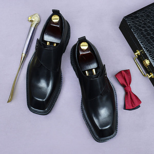 Chaussures pour hommes à talons hauts et semelles en cuir, à bout large et carré, idéales pour les tenues professionnelles formelles, légères et confortables - Product Image 2