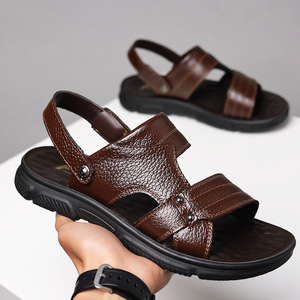 Sandales plates en cuir de vachette pleine fleur, antidérapantes, avec bande élastique, noir et marron, tailles 36-50, chaussures de plage pour hommes, pour l'été - Product Image 3