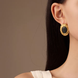 नीमई गुलाबी बिल्ली आंख की स्टड वाली महिला स्टेनलेस स्टील अंडाकार प्राकृतिक पत्थर के बयान 18k सोने की प्लेटेड फैशन गहने - Product Image 4