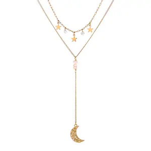 Valentijnsdag Cadeau Fijne Sieraden Hot-Selling Vrouwen Eenvoudig Ontwerp Maan Ster Kwast Combinatie Dubbele Chocker Temperament Ketting Fijne Sieraden Kettingen