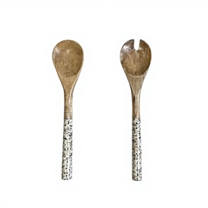 Natural Acacia Wooden Salad Server Set With Terrazzo Handle Home Decor Tabletop Dinnerware Kitchenware <b>Accessories</b> Cutlery Set - Product Image 1