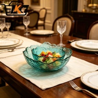 Bol de service en verre vert aqua avec bordure dorée, bord ondulé texturé, plat à fruits et desserts, vente en gros, logo personnalisé, OEM, ODM, vaisselle