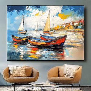 Impression faite à la main toile moderne 3D texturé mur Art abstrait paysage marin peintures de bateaux sur la plage - Product Image 4