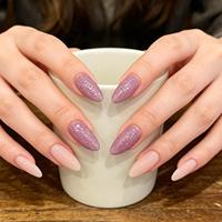 Ongles press-on rose pailleté et nude, longs, en acrylique brillant, réutilisables, forme amande