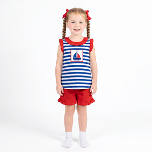 Set di <span class=keywords><strong>Pantaloncini</strong></span> con Volant per Ragazze, Collezione Ritorno a Scuola, Design Ricamato, Abbigliamento per Bambini, Completo Estivo a Righe <span class=keywords><strong>Blu</strong></span> e Bianche - Product Image 2