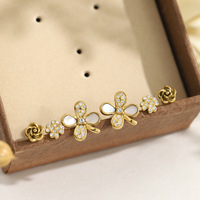 3 paires de boucles d'oreilles de créateur en acier inoxydable, anti-ternissement, plaqué or 18 carats, minimalistes, avec cristaux et fleurs en forme de coquillage