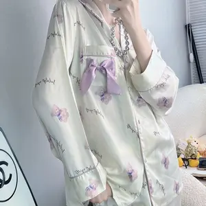 Pijama de satén de seda de lujo para mujer, ropa de dormir bonita de manga larga con dibujos de oso