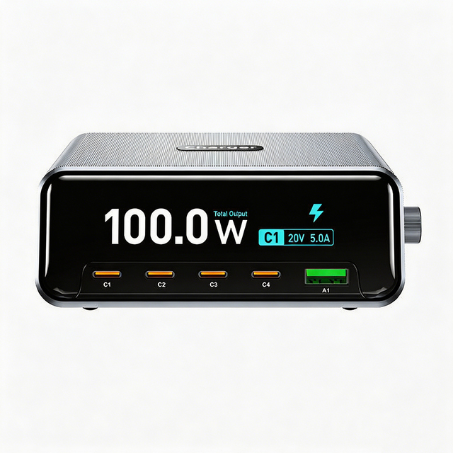 100W GaN Desktop Charging Station With Digital Display 5 Ports Multi USB PD Fast Charger US EU UK AU Universal Plug Power Hub