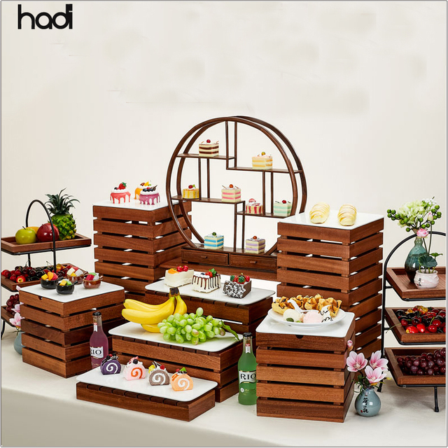 Guangzhou Hadi Modern Rectangle/Square Catering Banquet Elevation Stand Sapele Wood Food Display Rack Buffet Combination Riser