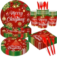 Ensemble de vaisselle jetable sur le thème de Noël rouge et vert pour 20 invités, décorations de fête, assiettes, gobelets pour Joyeux Noël et Nouvel An